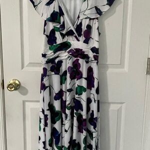 Evan Picone Purple and Green Flutter Sleeve Maxi Dress